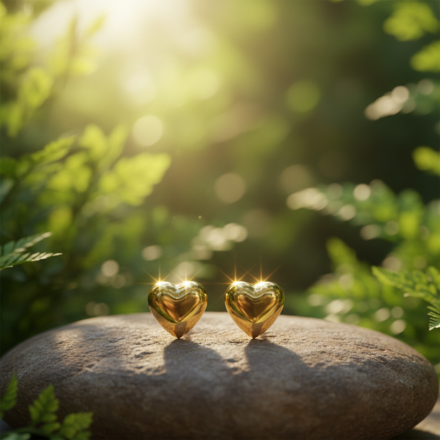Gold Heart Earrings on Rock with Green Background