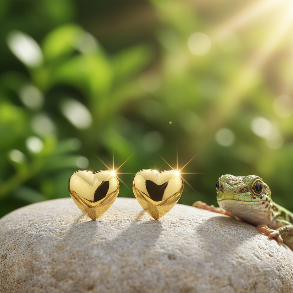 Gold Heart Earrings with Lizard on Rock