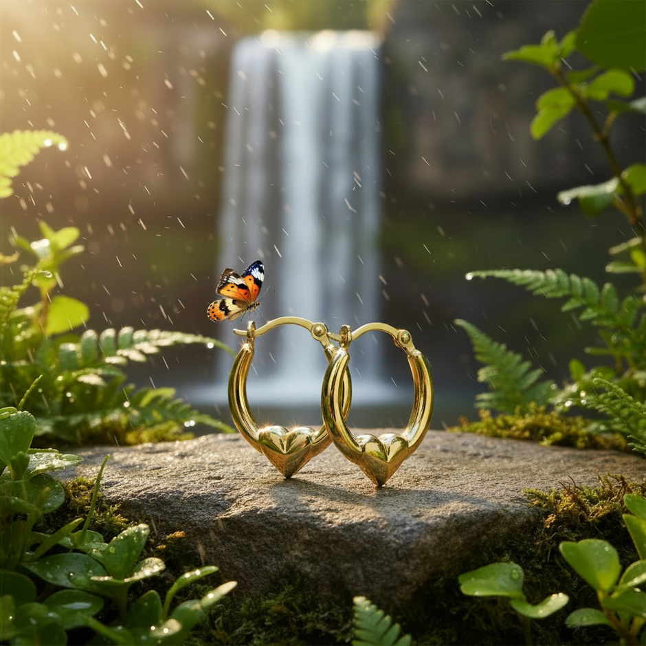 Gold heart hoop earrings angled composition