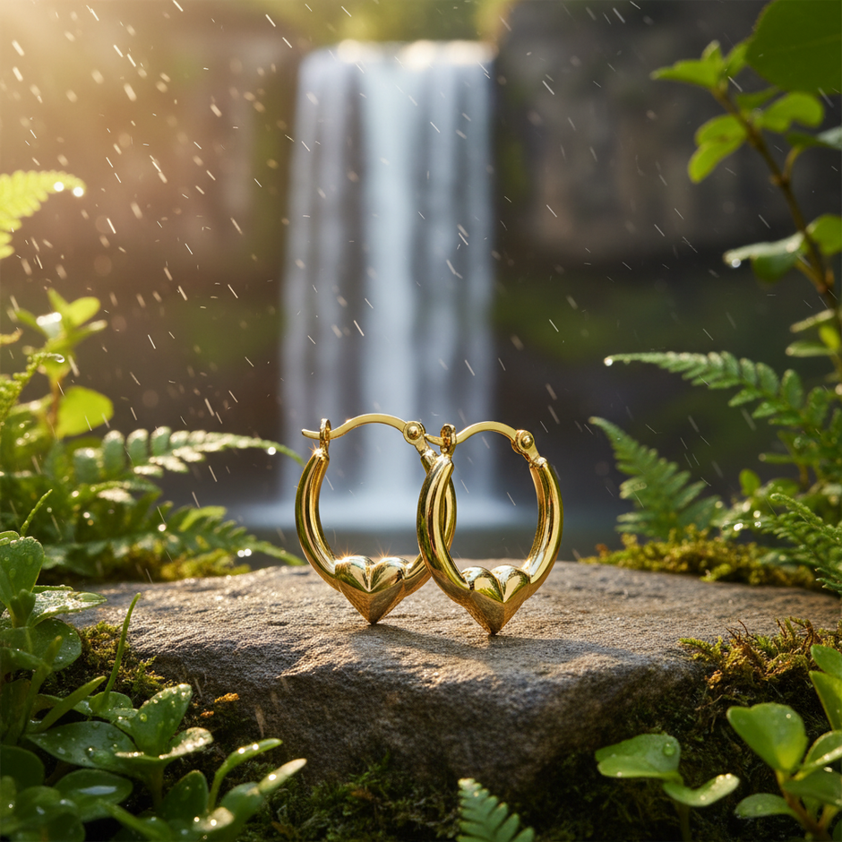 Gold heart hoop earrings with waterfall background