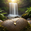 Gold Heart Pendant on Rock with Waterfall Background