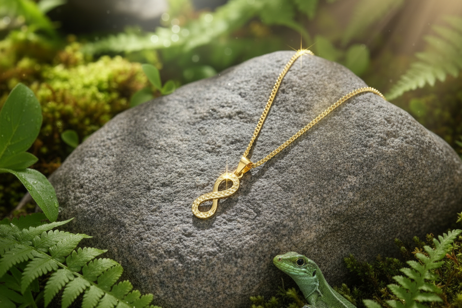 Gold infinity necklace with lizard peeking from behind rock