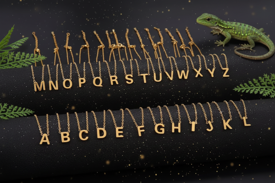Gold Initial Letter Necklaces - With Lizard