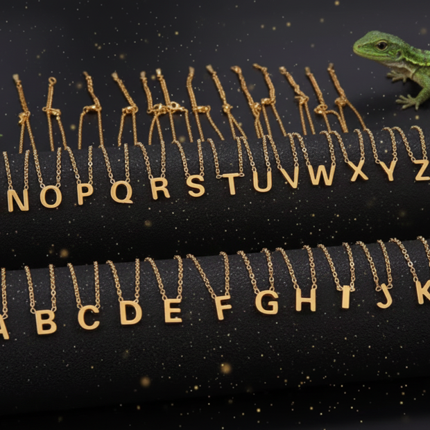 Gold Initial Letter Necklaces - With Lizard
