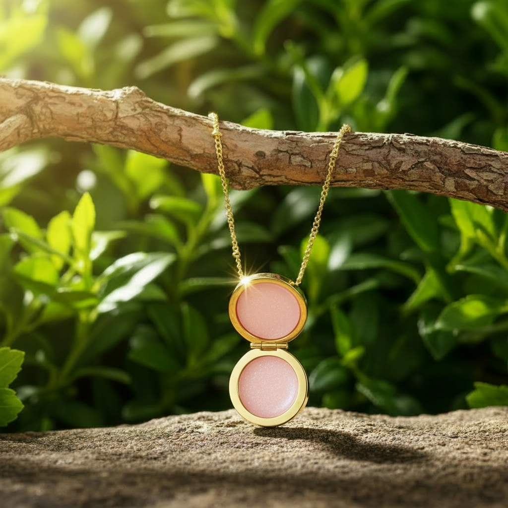 Gold lip balm locket with lip balm reflection in lid