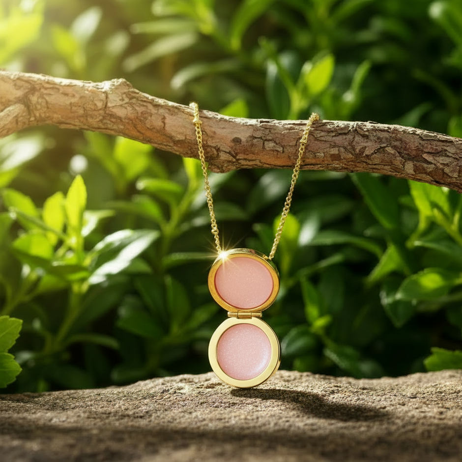 Gold lip balm locket with lip balm reflection in lid
