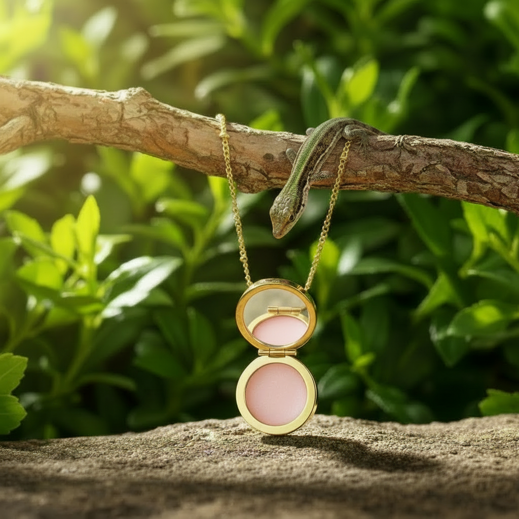 Gold lip balm locket with lizard looking down at pendant