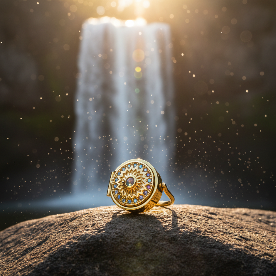 Gold locket ring on rock with waterfall