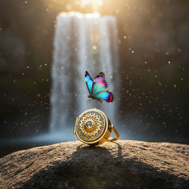 Gold locket ring with butterfly