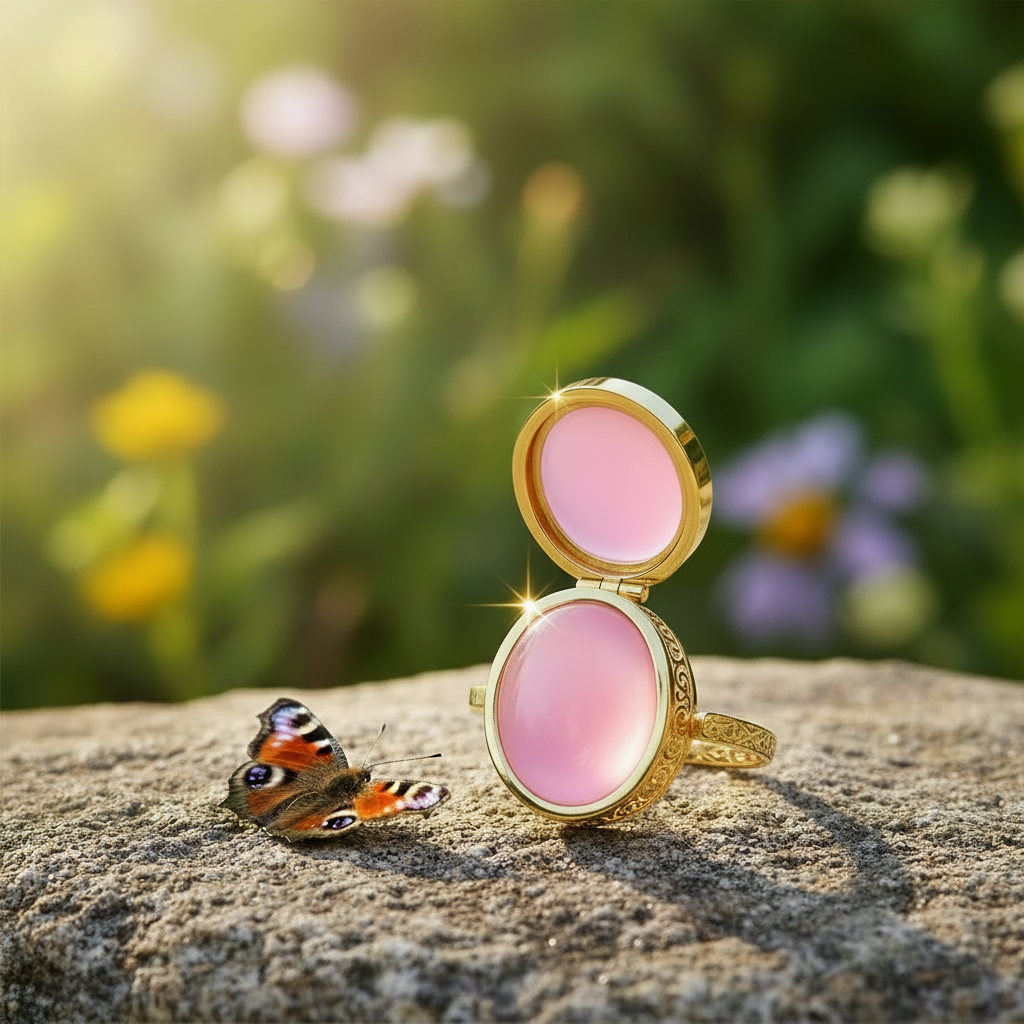 Gold locket ring with pink reflections