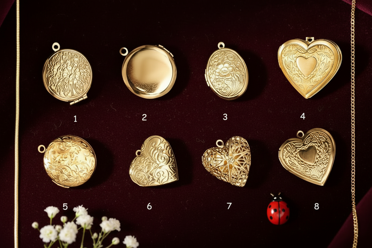 Gold Lockets with Chain Borders, Baby's Breath and Ladybug