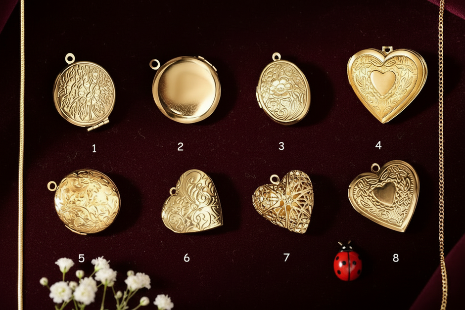 Gold Lockets with Chain Borders, Baby's Breath and Ladybug