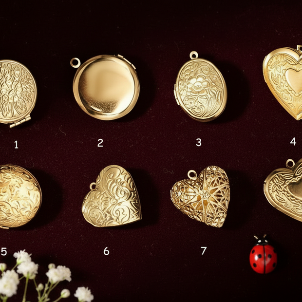 Gold Lockets with Chain Borders, Baby's Breath and Ladybug