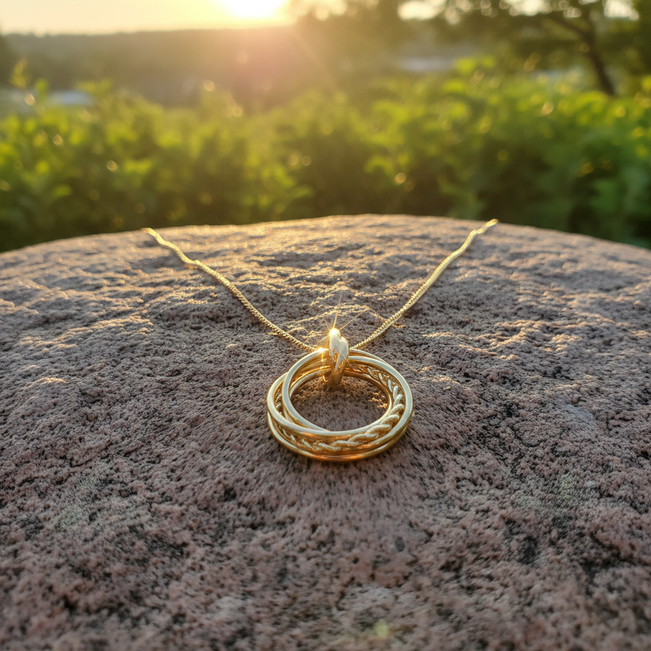 Gold necklace on natural rock with sunlight
