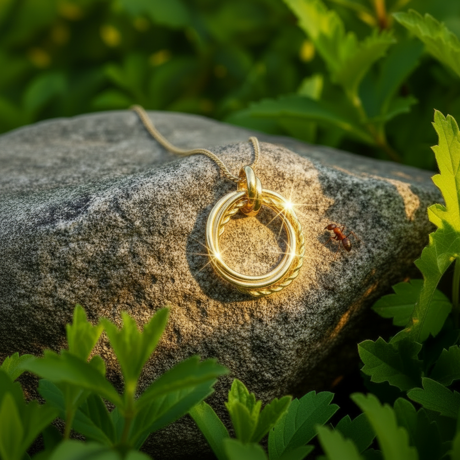 Gold necklace on rock with bull ant on top