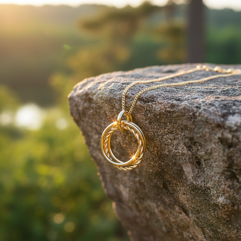 Gold necklace pendant hanging over rock edge with sunlight