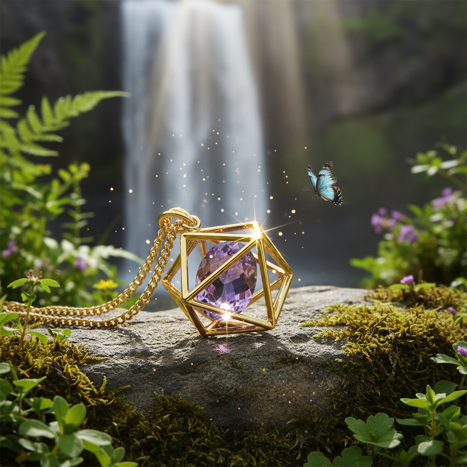 Gold pendant on rock near waterfall with butterfly