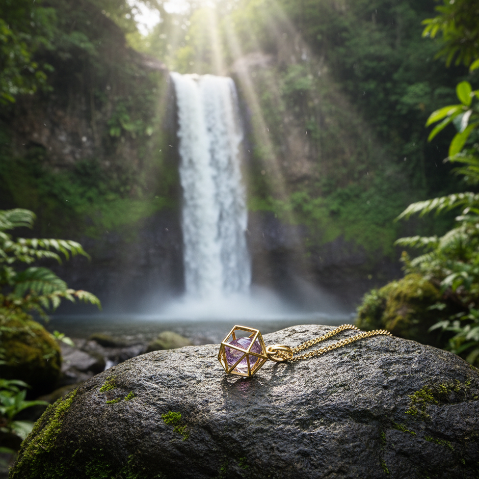 Gold pendant on rock near waterfall