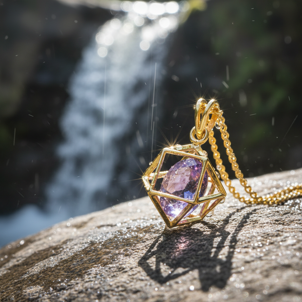 Gold pendant with sparkle on rock near waterfall