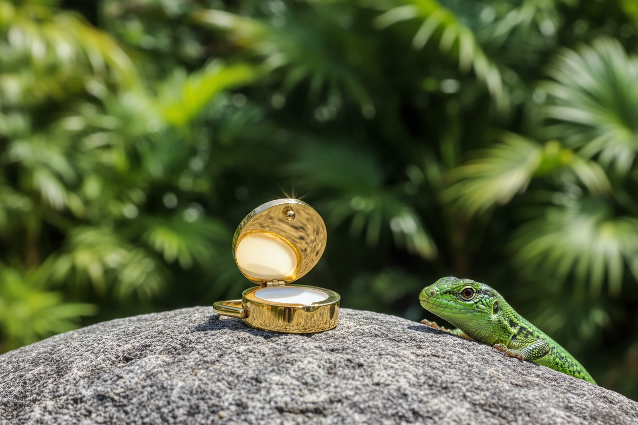 Gold ring on rock with lizard and green background