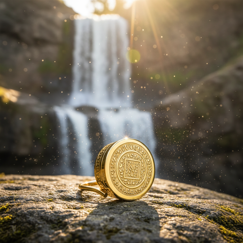 Gold ring on rock with waterfall