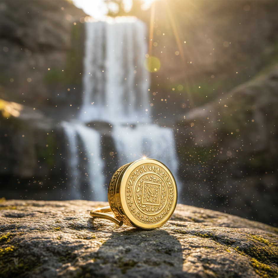 Gold ring on rock with waterfall