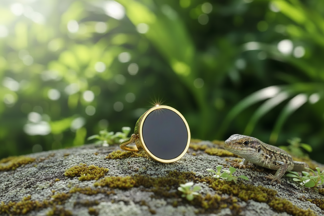 Gold ring with black onyx on mossy rock with lizard and green background
