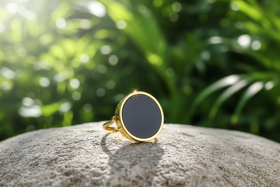 Gold ring with black onyx on natural rock with green background