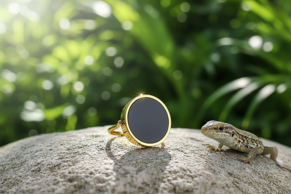 Gold ring with black onyx on rock with lizard and green background