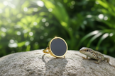 Gold ring with black onyx on rock with lizard and green background