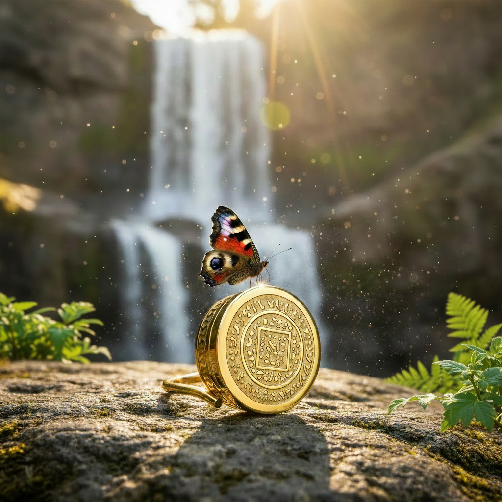 Gold ring with butterfly and greenery