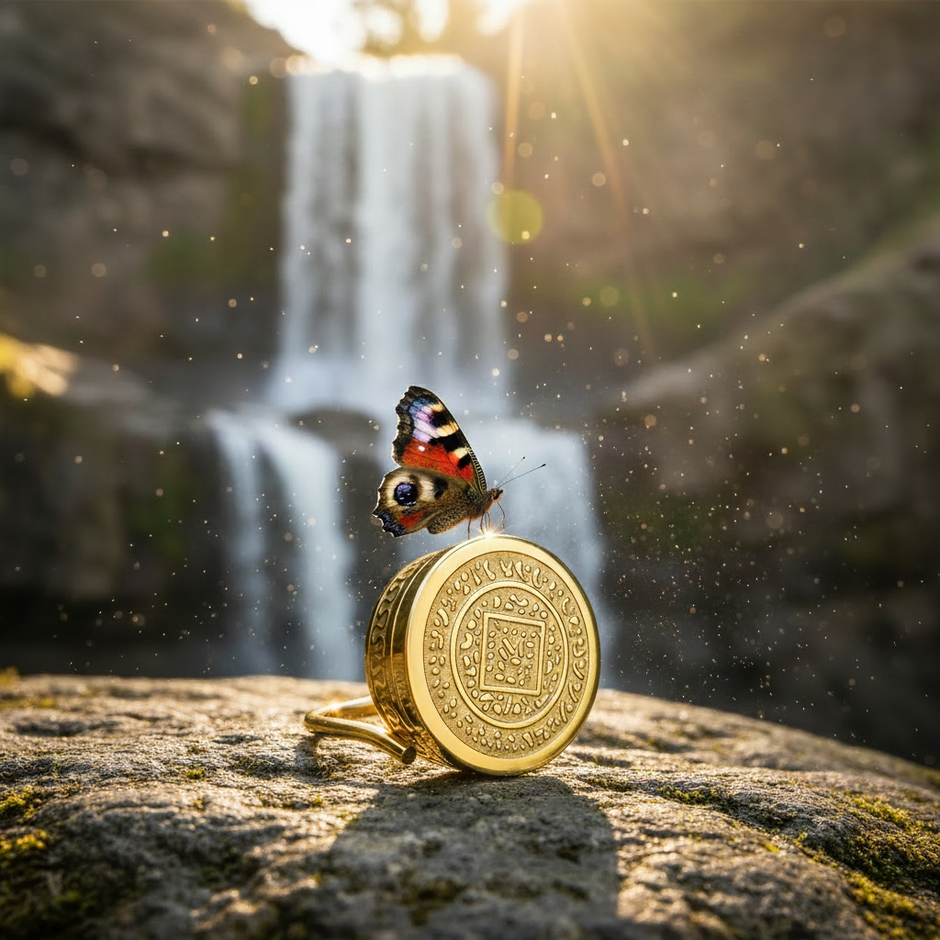 Gold ring with butterfly on rock