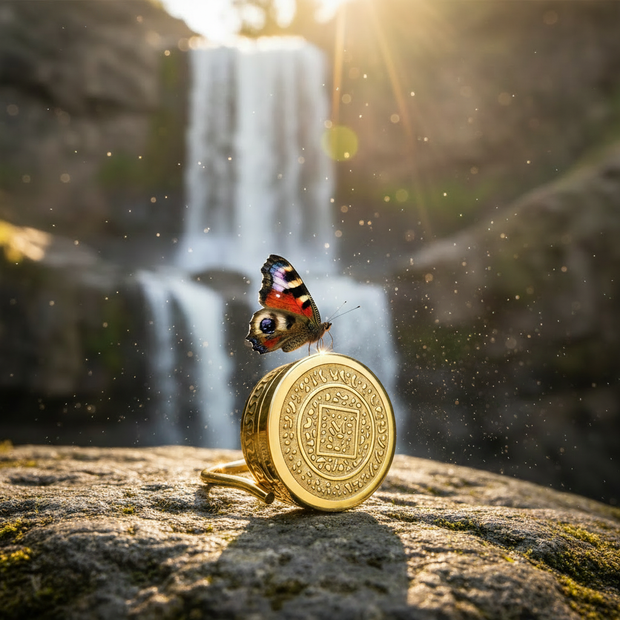 Gold ring with butterfly on rock