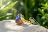 Gold ring with colorful crystals angled from right to left