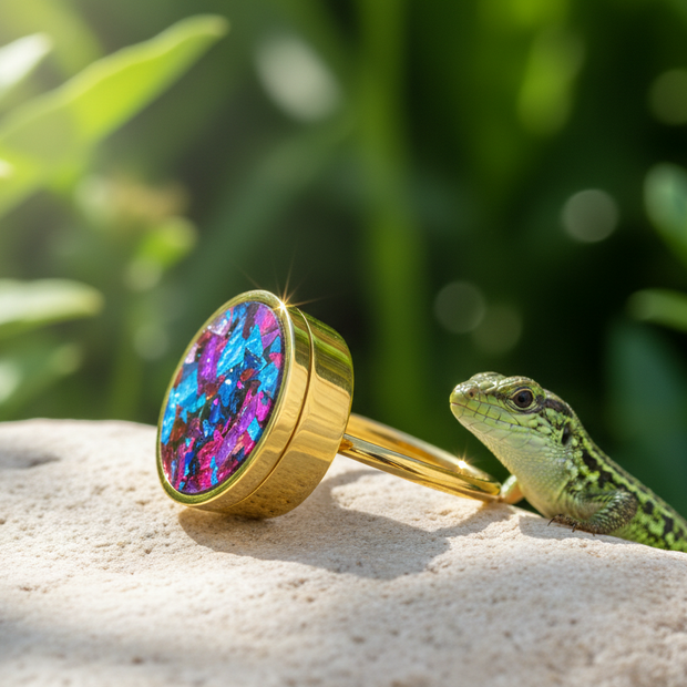 Gold ring with colorful crystals angled from right to left