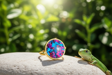 Gold ring with colorful crystals on rock with lizard and green background
