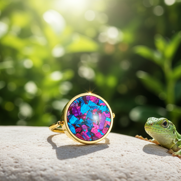 Gold ring with colorful crystals on rock with lizard and green background