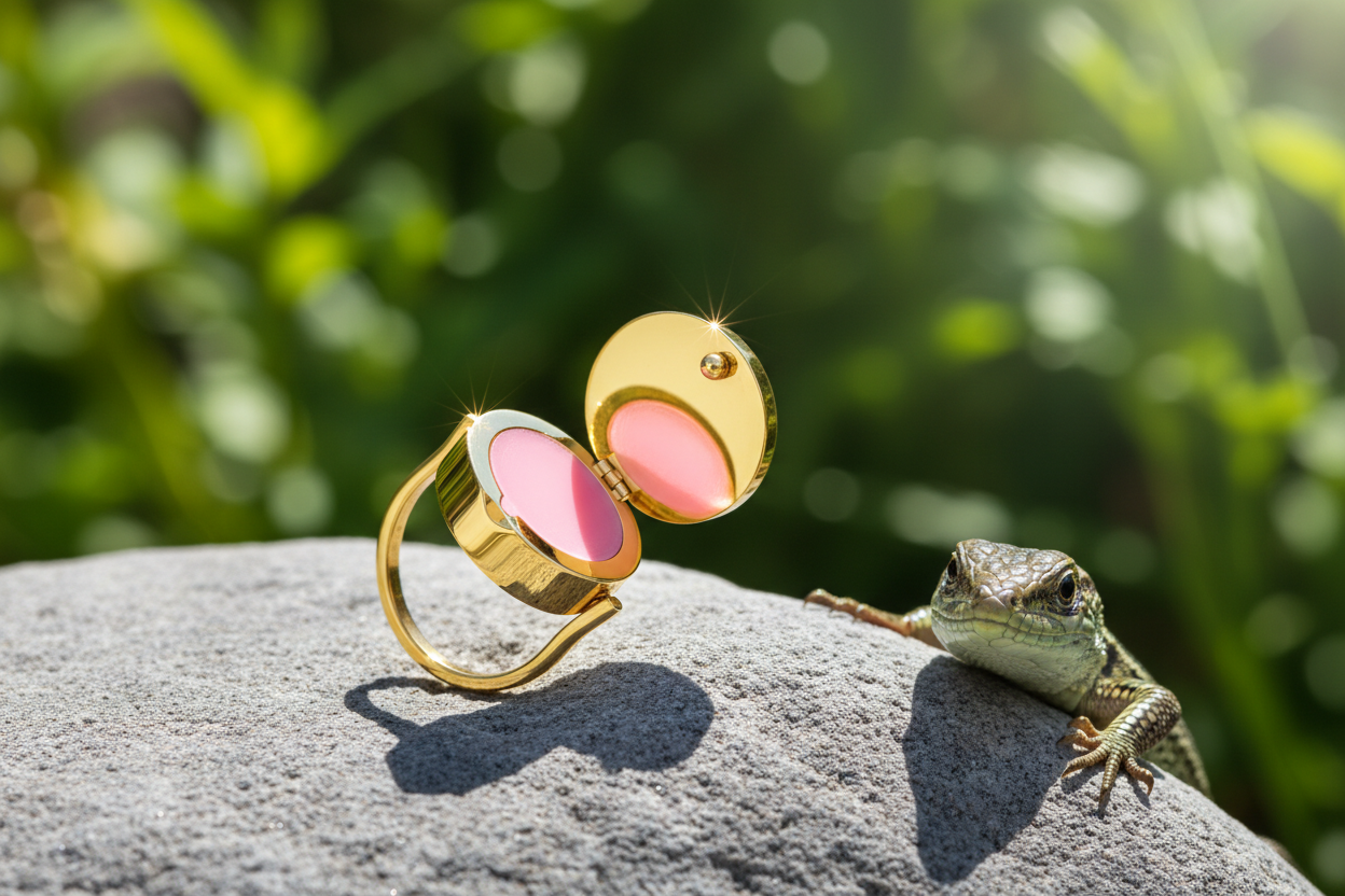 Gold ring with pink lip balm on rock with lizard and green background