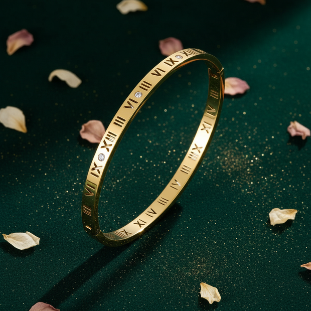 Gold Roman Numeral Bangle - Green Velvet Floral Dust