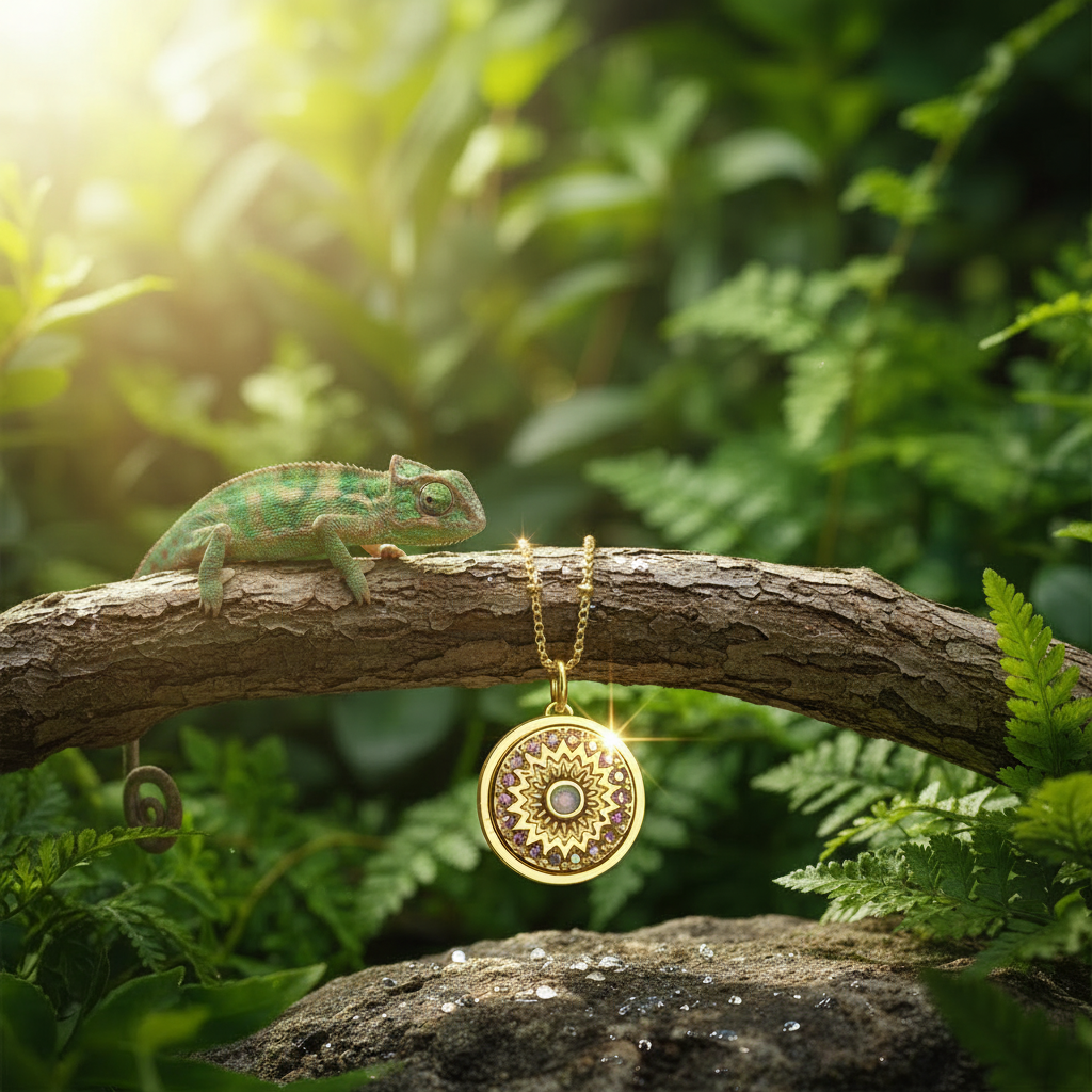Gold sunburst pendant with lizard and moisture droplets