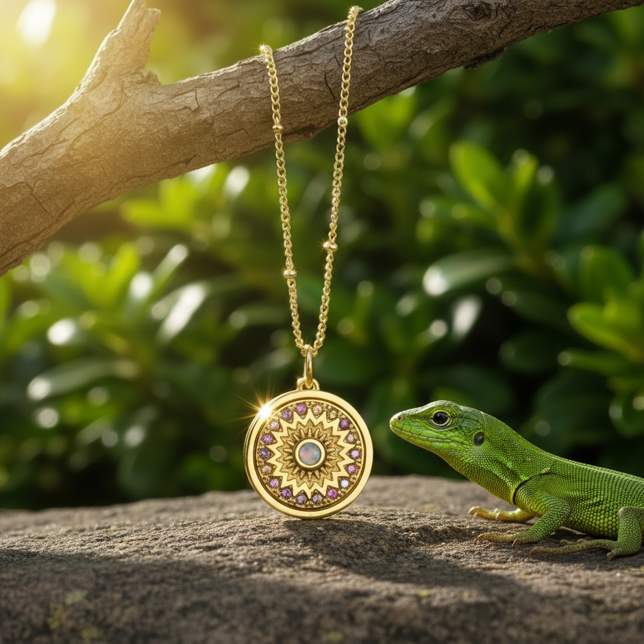 Gold sunburst pendant with lizard climbing branch