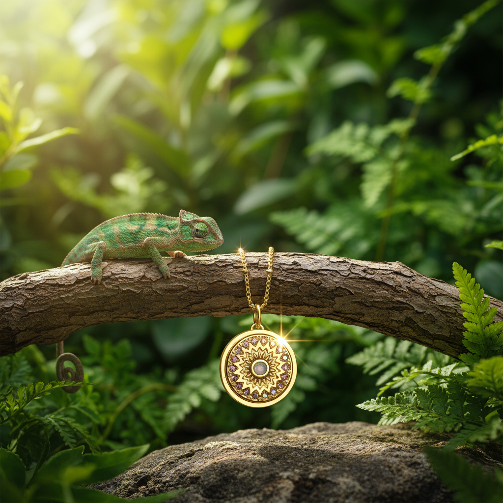 Gold sunburst pendant with lizard on branch