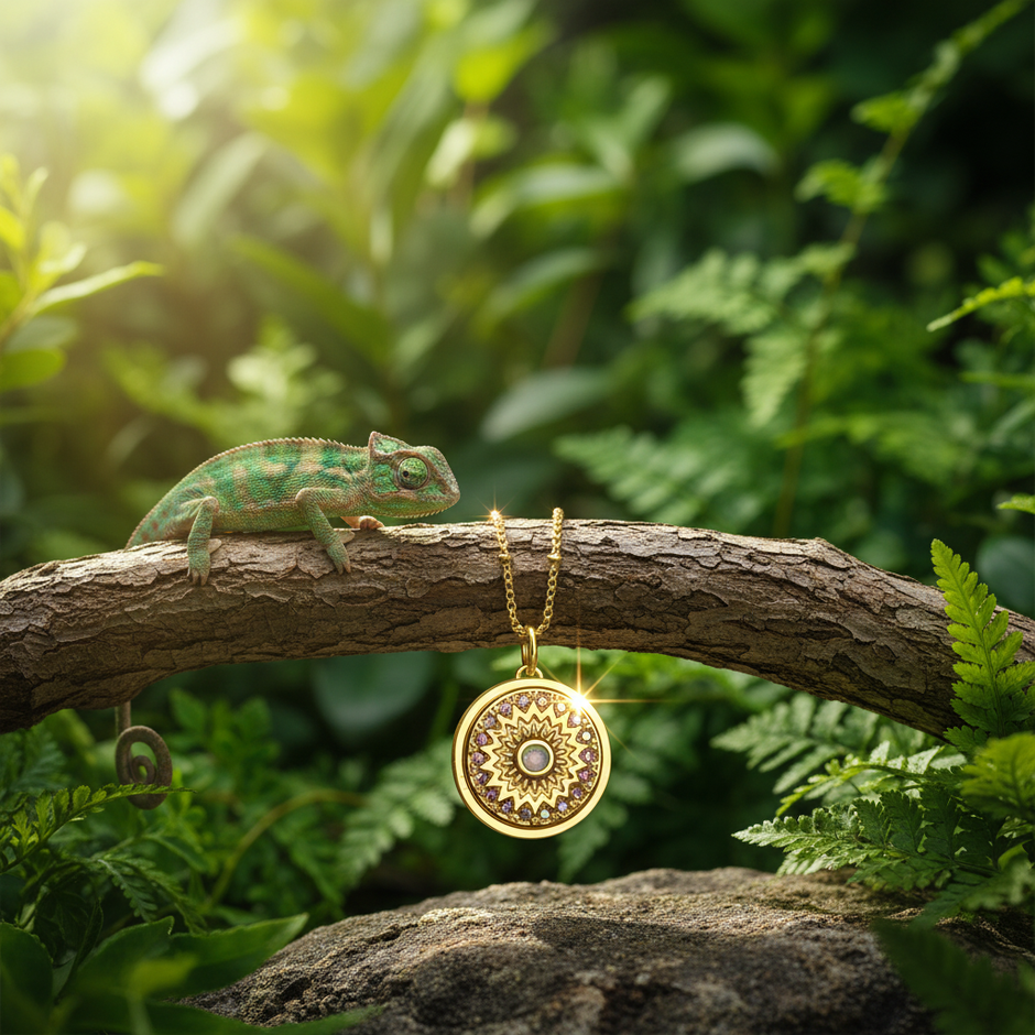 Gold sunburst pendant with lizard on branch