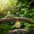 Gold sunburst pendant with lizard on branch