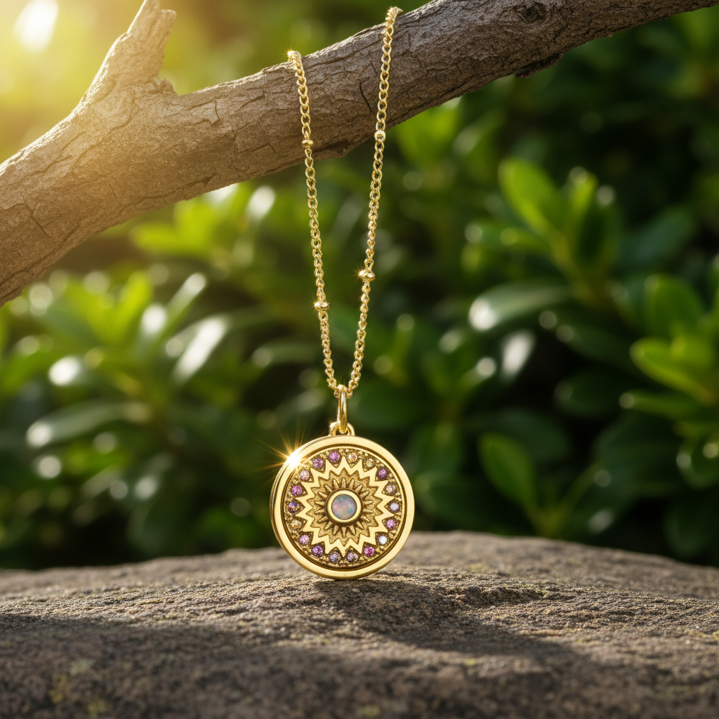 Gold sunburst pendant with pink gemstones on branch and rock