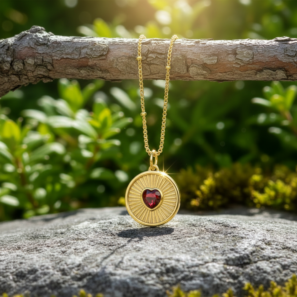 Gold sunburst ruby pendant hanging from branch on rock with enhanced sparkle