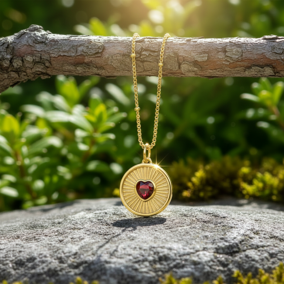 Gold sunburst ruby pendant hanging from branch on rock with enhanced sparkle