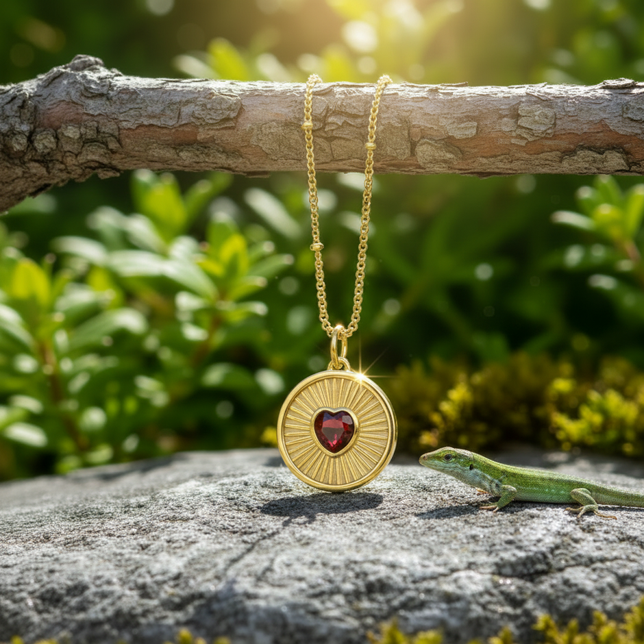 Gold sunburst ruby pendant hanging from branch with lizard on rock