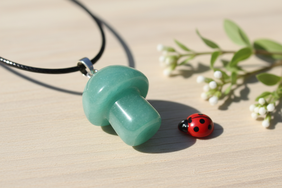 Green Aventurine Mushroom Pendant – Wooden Surface