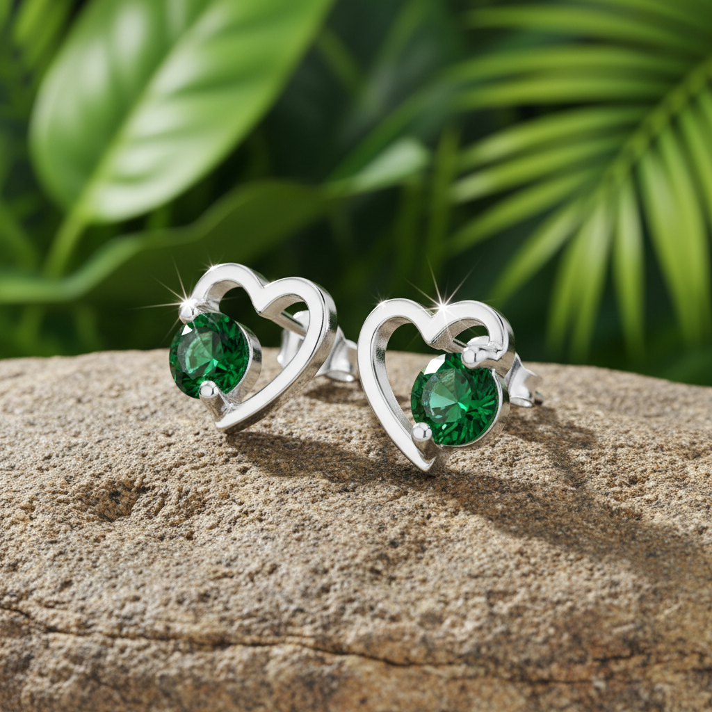 Green CZ Open Heart Earrings - Angled View